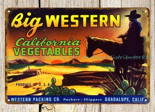 Big Western Cowboys herd California vegetables American West metal tin sign