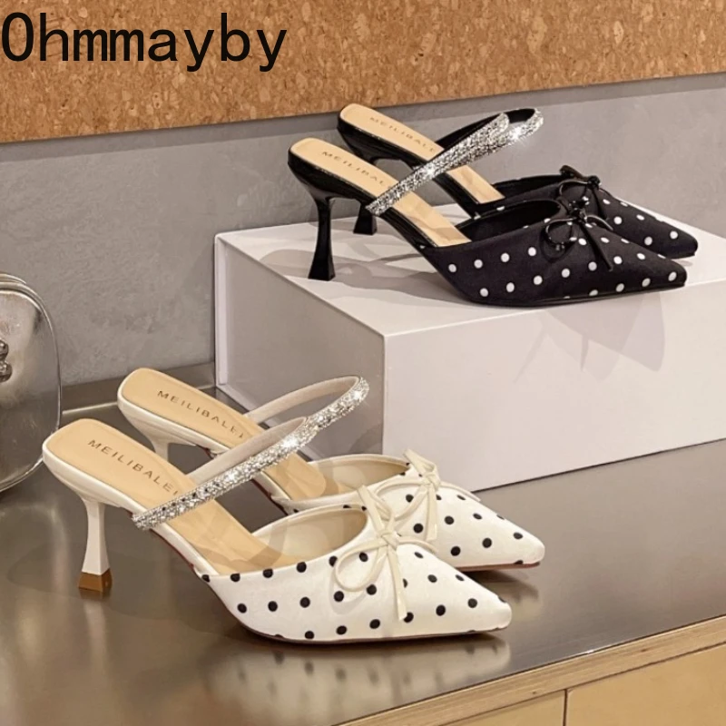 

Cover Toe High Heels Women Polka Dot Slides 2026 Summer Singbacks Mules Shoes Elegant Butterfly-knot Stripper Party Sandalias