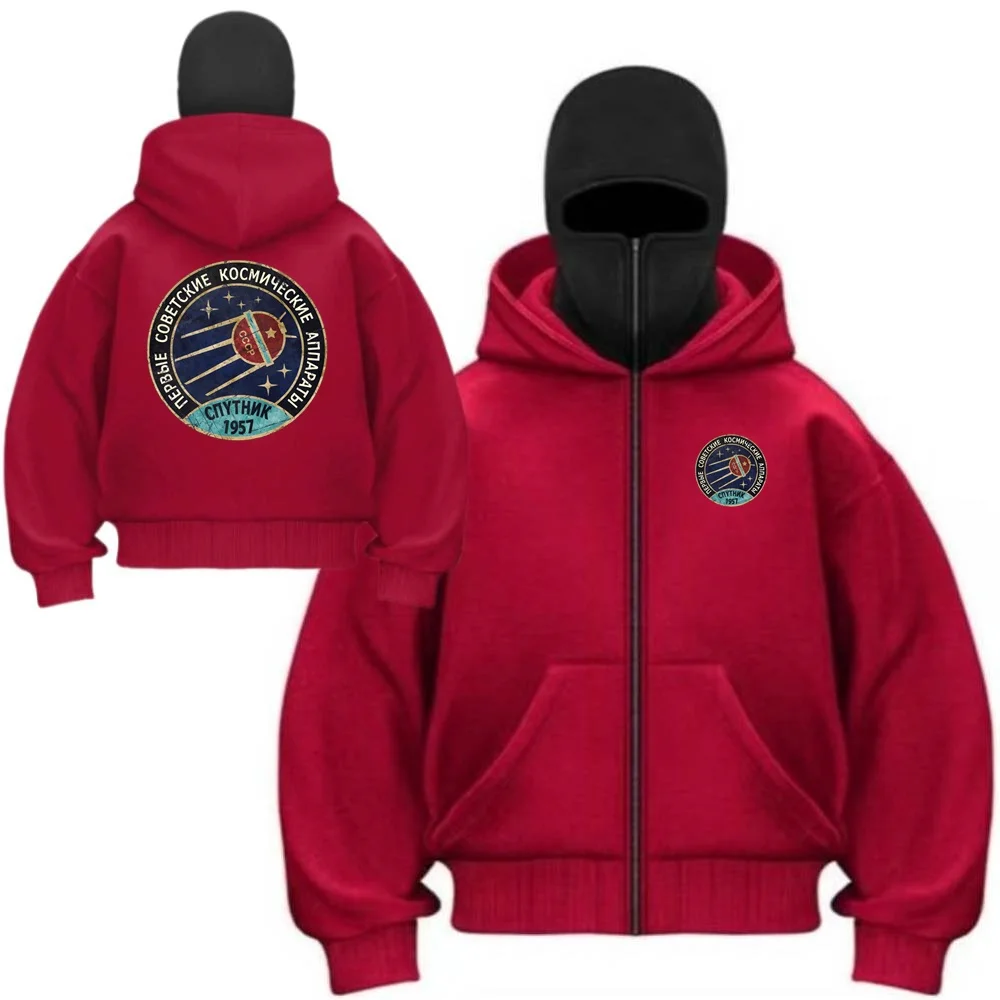 CCCP Space Exploration Programs Double Hooded Sweatshirts Men's Hoodies Coat Balaclava Y2K Gothic Harajuku Youth Mask Jacket