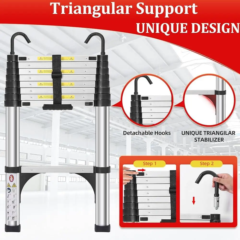 Telescoping Ladder 8.5FT Lightweight Aluminum Extension with 2 Triangle Stabilizers Detachable Hooks Safety Lock Adjustable