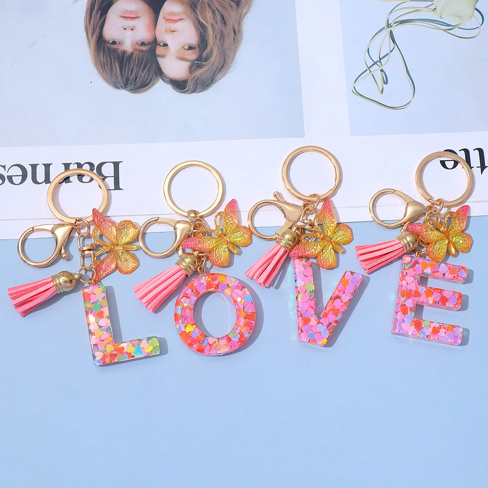 

Personalized A-Z Letter Cute Butterfly Keychain for Women Kids Pink Heart Sequin Initials Key Chain Backpack Accessories Gift