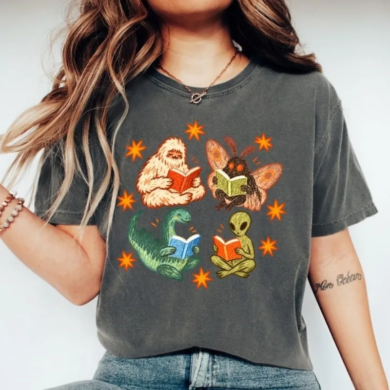 Women's Daily Casual Cotton Clothing, Printed Short Sleeved Shirts, Fun Printed T-shirts, Moths, Aliens, Loch Ness Monster