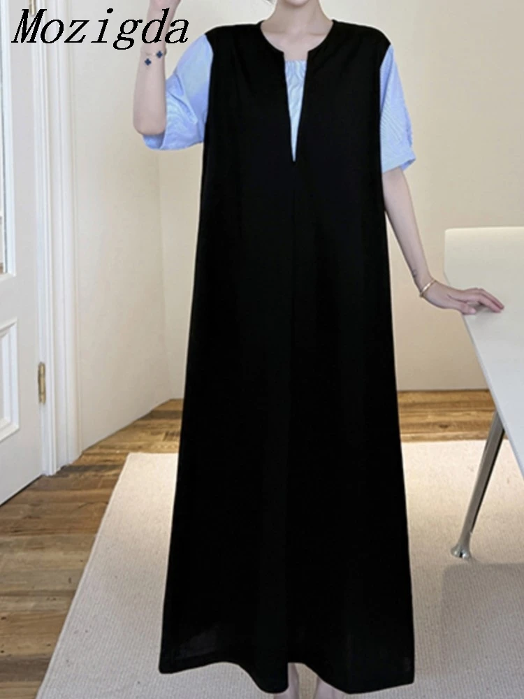 Fake Two Piece Summer Long Plus Size Dress Women Slimming Cool Color-Block High-End Short Sleeve Ladies Dresses Vestidos