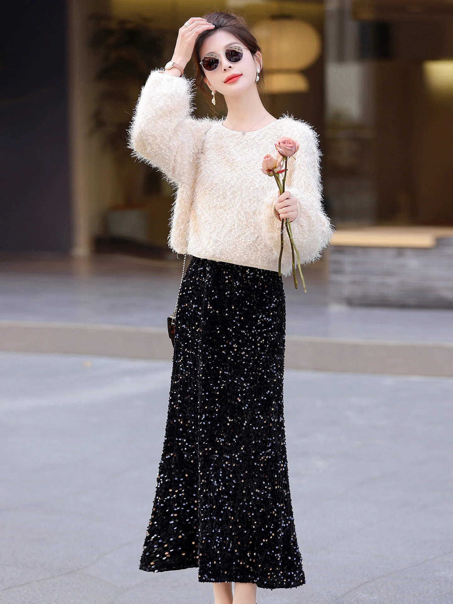 

Luxury Faion Small Fraance Sle Set Women's Plu Sequin Skirt Two-Piece Suit Autumn New Arrival Casual Ele