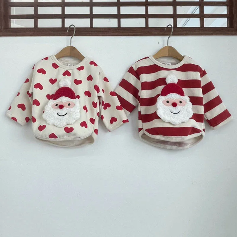 Autumn Winter Kid Patch Santa Claus Striped Long Sleeves T-shirt Girl Infant Cotton Love Casual Tops Boy Children Christmas Tees