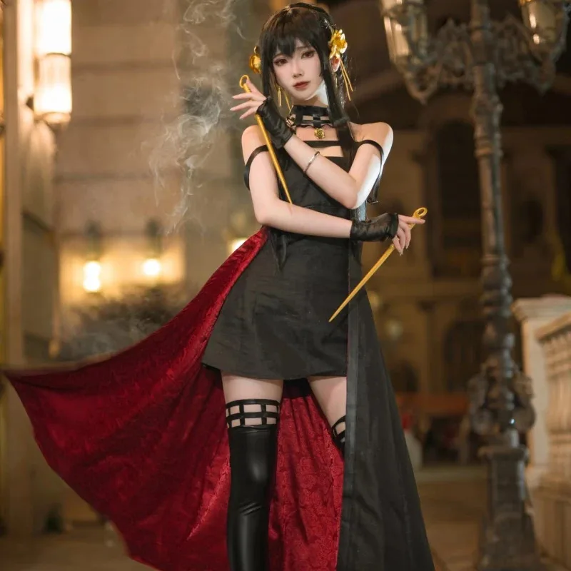 SPY×FAMILY Yor Forger, аниме, карнавальный костюм, черное женское платье, парик, серьги, полный комплект, наряды для вечеринок на Хэллоуин