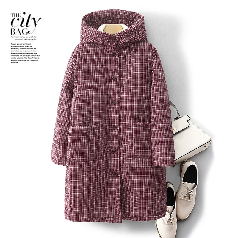 Retro Chinese Plaid Cotton Jacket Women's Winter New Loose plus Size Thick Warm Hooded Cotton Outerwear High Collar Long Sleeve