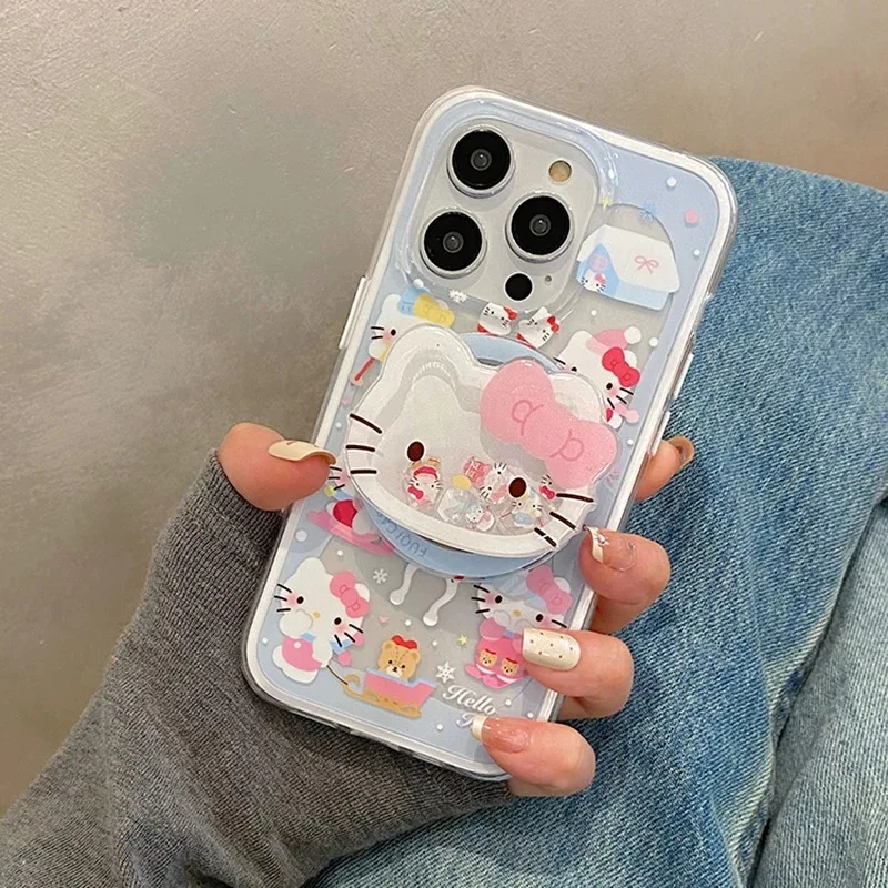 Cute Cartoon Snowhouse Ski Hello Kitty Bear Magsafe Wireless Charge Case For iPhone 13 14 15 16Pro Max KT Shake Magnetic Holder