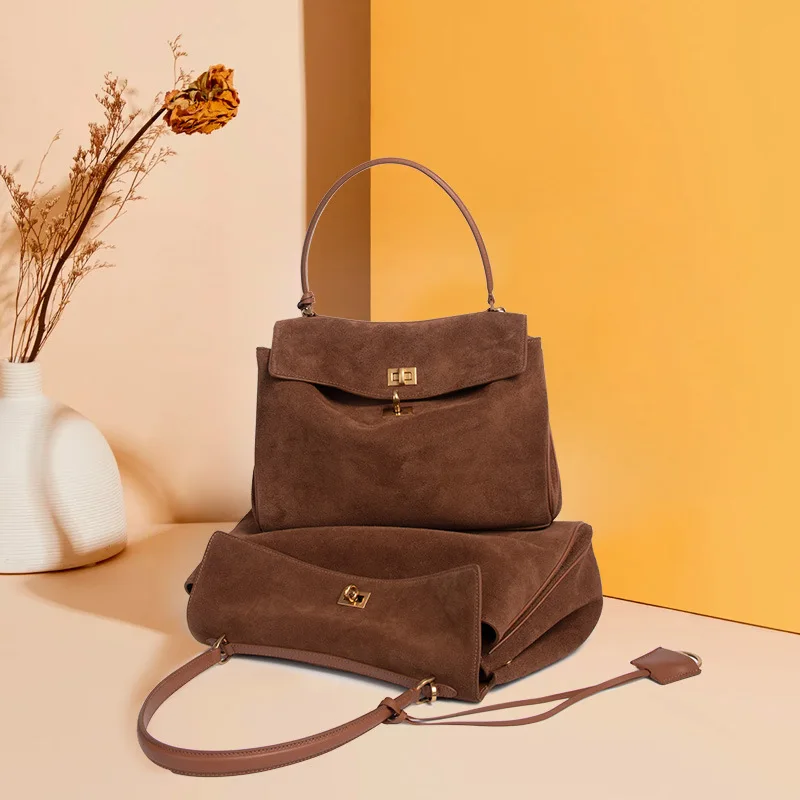 2024 Fall and Winter New Roden Soft Suede Tote Large Capacity Frosted Leather Lock Kylie Bag Single Shoulder Crossbody Bag