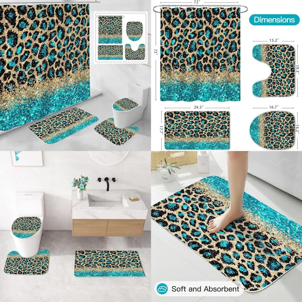 

Teal Leopard Shower Curtain Set: 4-Piece Bathroom Decor with Rugs, Toilet Cover, and Bath Mat (Hooks Not Included)