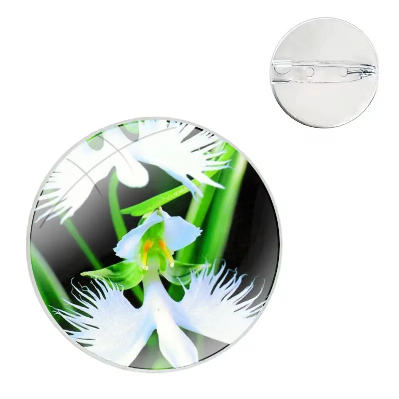 Glass Dome Brooches Badge Pins For Clothes Hat Shirt Lapel Bag White Egret Orchid