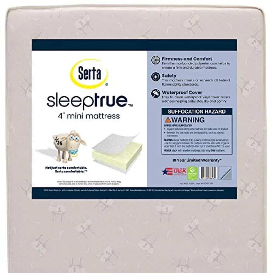 

Serta SleepTrue Mini Crib Mattress, Premium Sustainably Sourced Fiber Core, Hypoallergenic and Waterproof Cover, Greenguard Gol