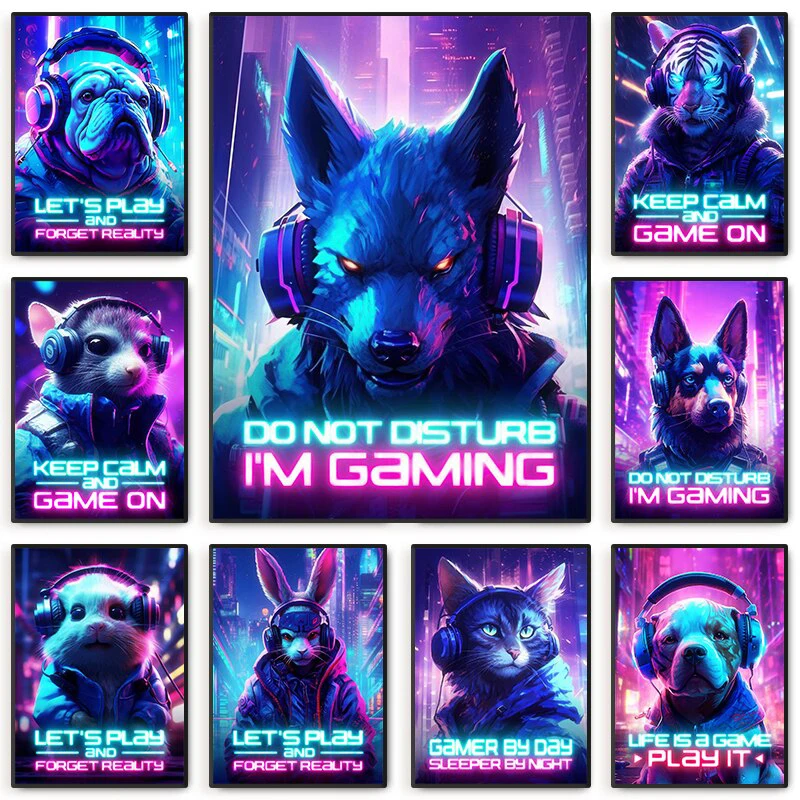 

Animals Gaming Poster Neon Retro Funny Canvas Painting for Pet Shop Bar Pub Room Home Decor Mural Artistical Wall Art Decor