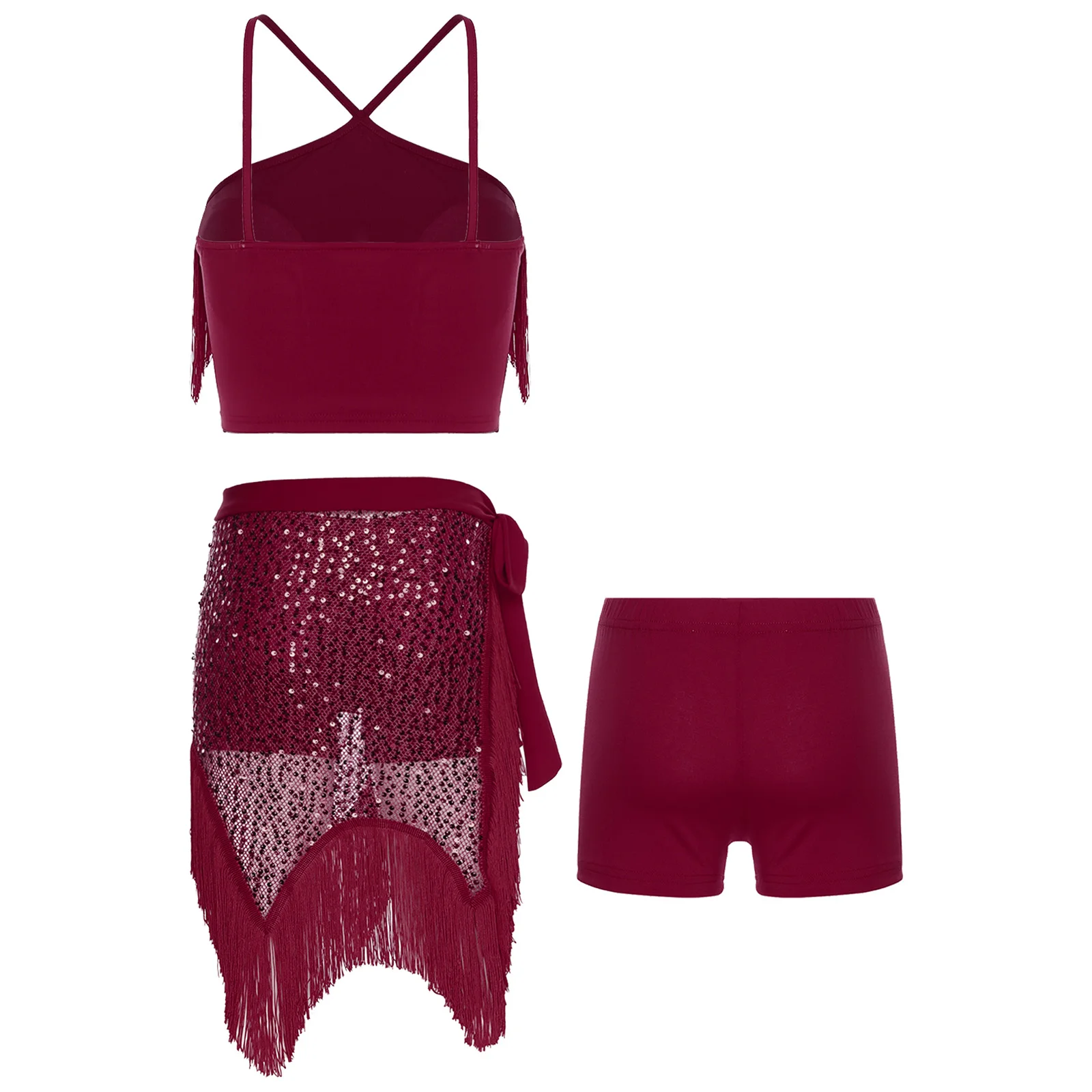 สตรี Belly Dance เครื่องแต่งกายชุดพู่ Crop Top กางเกงขาสั้นและเงาเลื่อม Lace-up ผ้าพันคอสะโพกสําหรับ Dance Class Belly Dancewear
