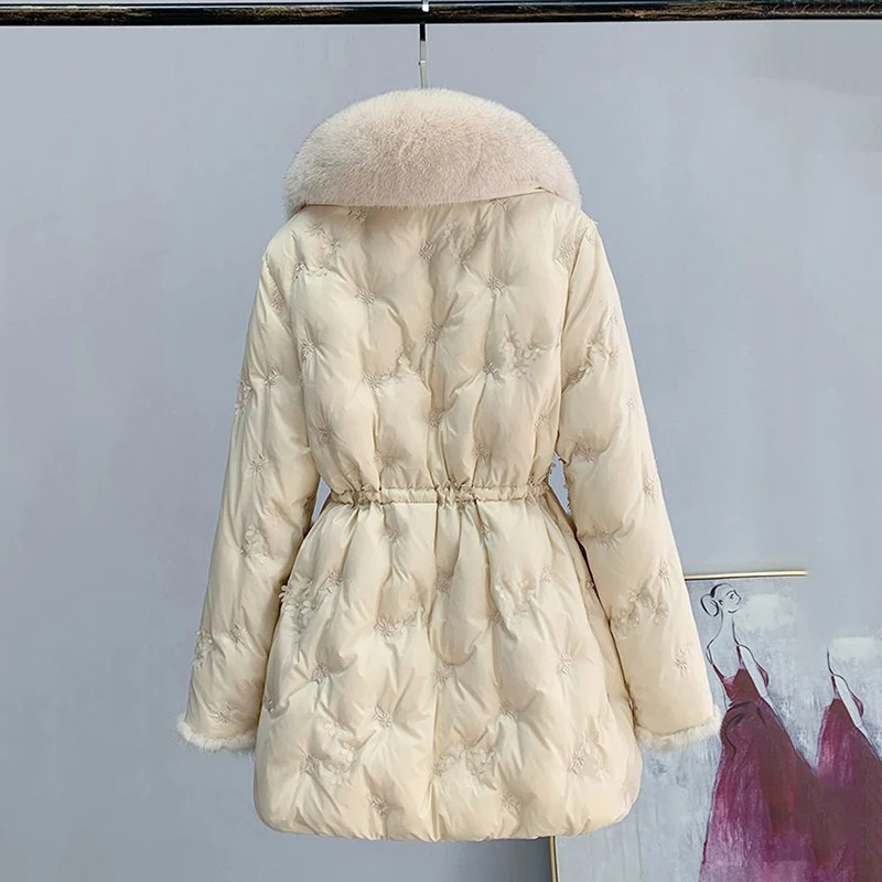 2024 Winter Detachable Fur Collar White Goose Down Snow Parka Medium Long Down Puffer Jacket Warm Single Breasted Overcoat