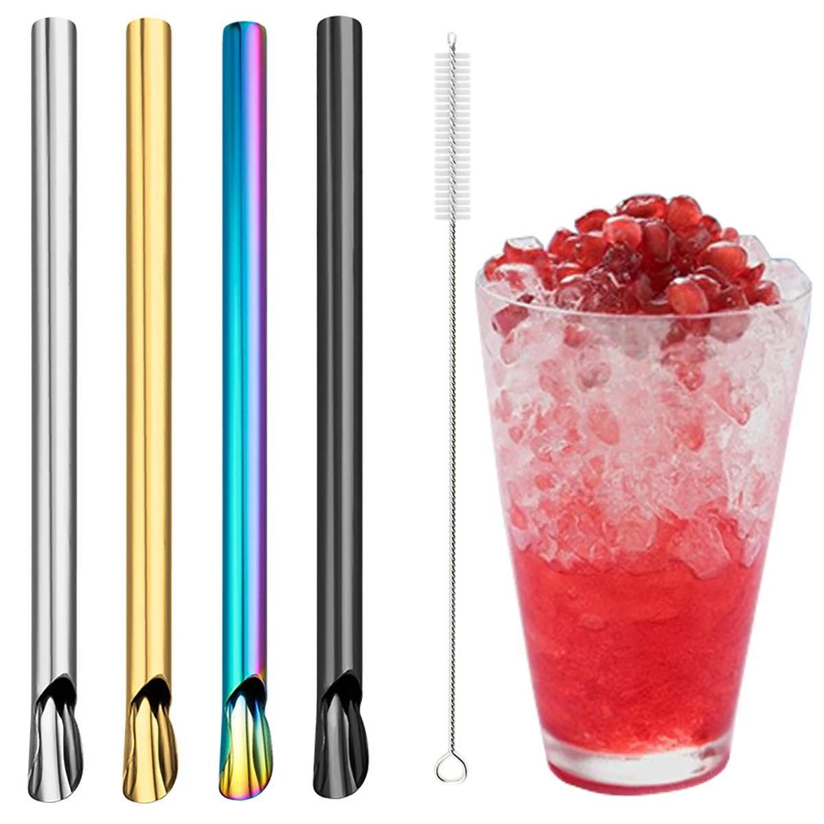 5pcs 304 Stainless Steel Reusable Straw Set Pearl Milkshake Bubble Tea Straw with Brush Stirring Smoothie Spoon Shaped Straw Set