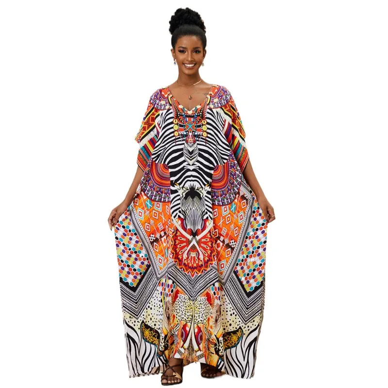 

Cotton Watermark Printed Beach Blouse Robe-Style Loose Holiday Sunscreen Bikini Blouse