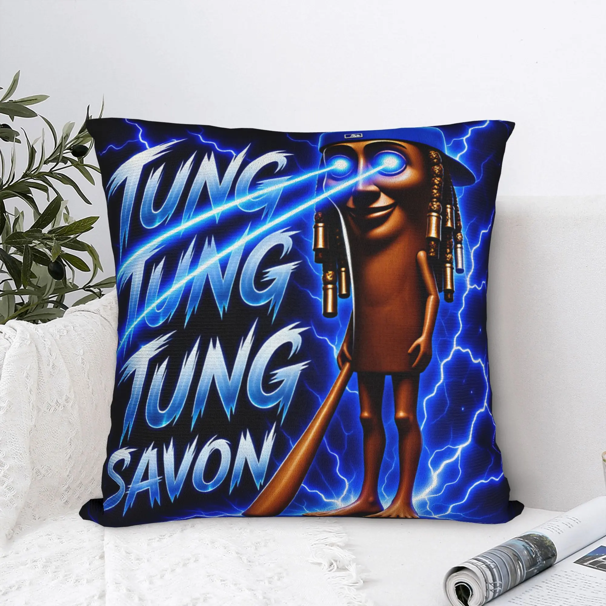 Pillow Case Tung Tung Sahur Lightning Laser Eyes Baseball Meme Square  Pillow Cover For Living Room Bed Chair Retro Pillowcases