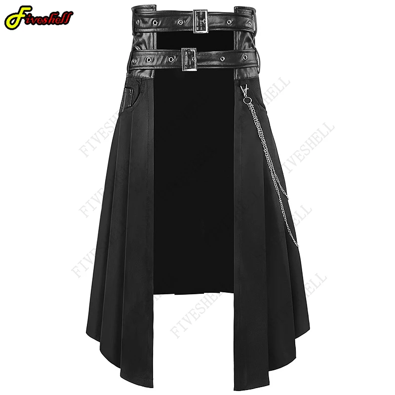 

Adult Men's Gothic Punk Pleated Skirt Open Front Leather Belt Medieval Roman Warrior Kilt Metal Chian Harujuku Stylish Clothing