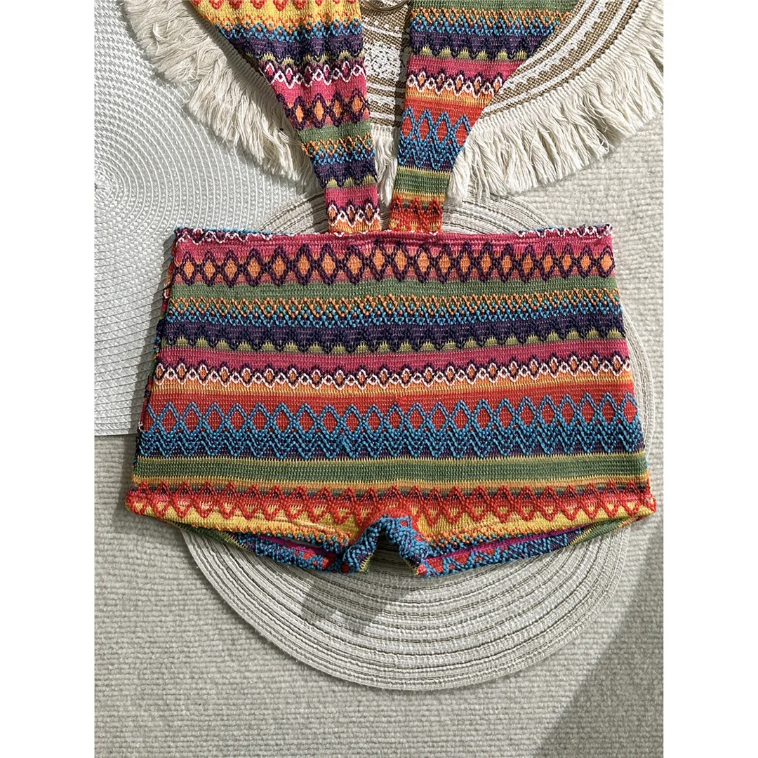 Sexy bedruckter Trikini-Badeanzug mit tiefem V-Ausschnitt für Damen, einteiliger Badeanzug, Damen-Badeanzug mit Neckholder, rückenfreie Shorts, Badebekleidung, Badeanzug V7960 – Detail 17