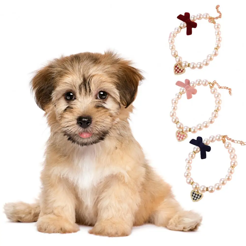 

Puppy Necklace with Bone Pendant Pet Cat Collar Bowknot Heart Pendant Adjustable Kitten Dog Faux Pearl Necklace Decoration