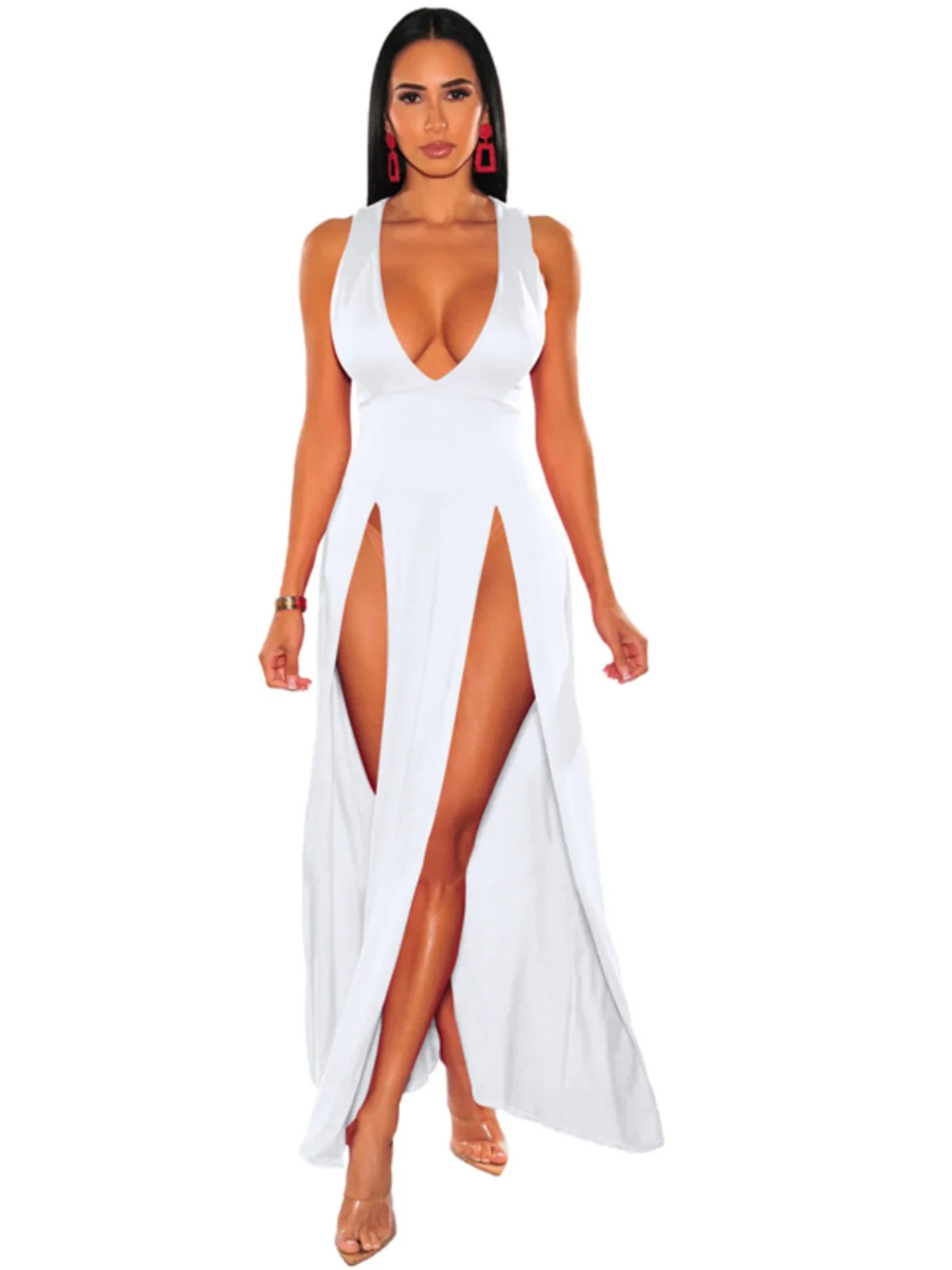 Vestido Midi sin Mangas con Escote Profundo en V y Abertura, Color Puro, Estilo del Sudeste Asiático, Moda Femenina, Primaver...