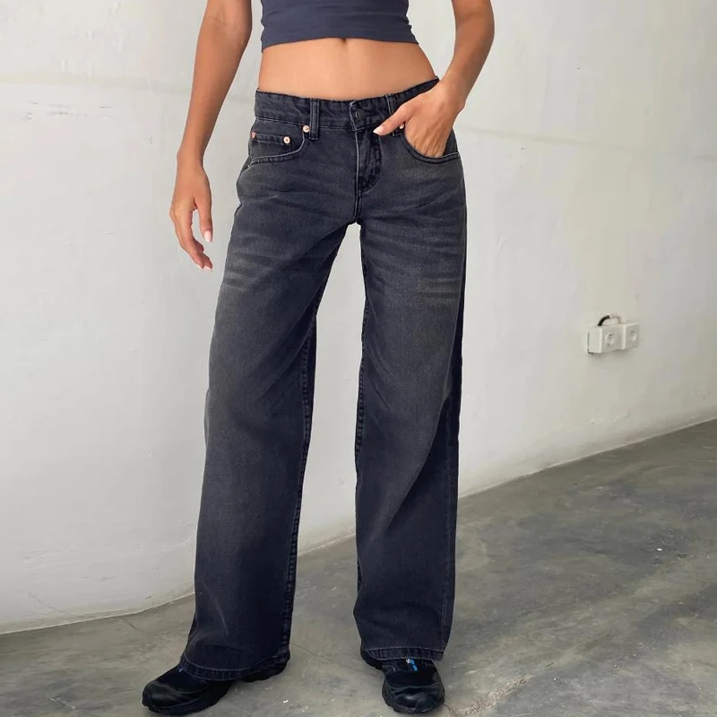 Women Y2K Wide Leg Denim Pants Baggy Low Waist Boyfriend Jeans Casual Vintage Loose Fit Jeans Trousers Cyber Grunge Streetwear