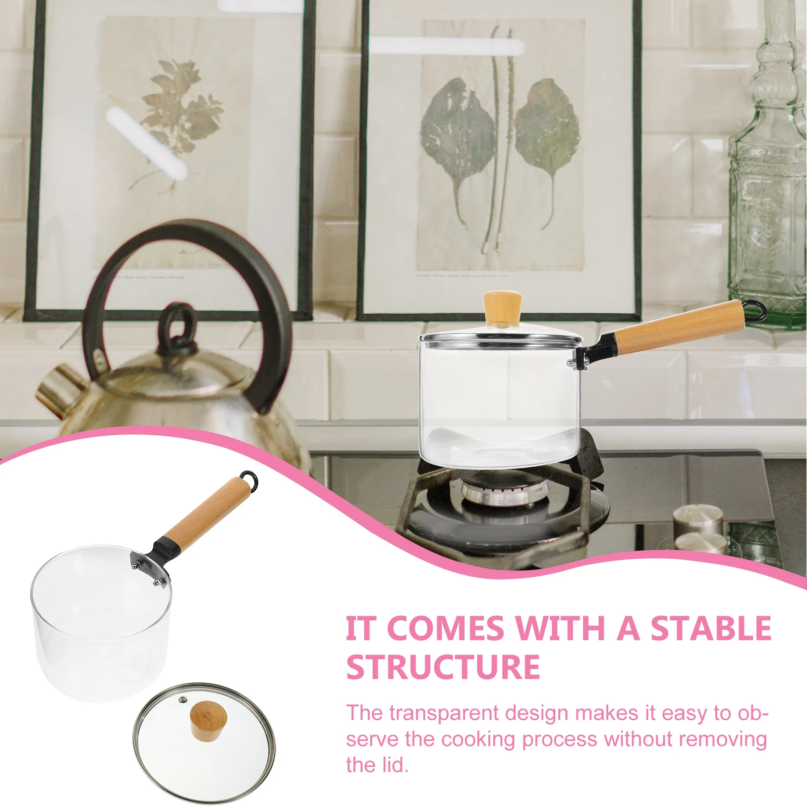 

1pc Glass Pot Clear Milk Pans Saucepan Soup Noodle Pots Wood Handle Serving Pot Stove Top Cookware Kitchen Gadgets