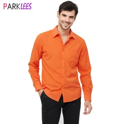 Orange Mens Dress Shirts 2023 Autumn New Regular Fit Stretch Shirt Men Long Sleeve Wrinkle-Free Easy Care Shirt Male Chemise Him