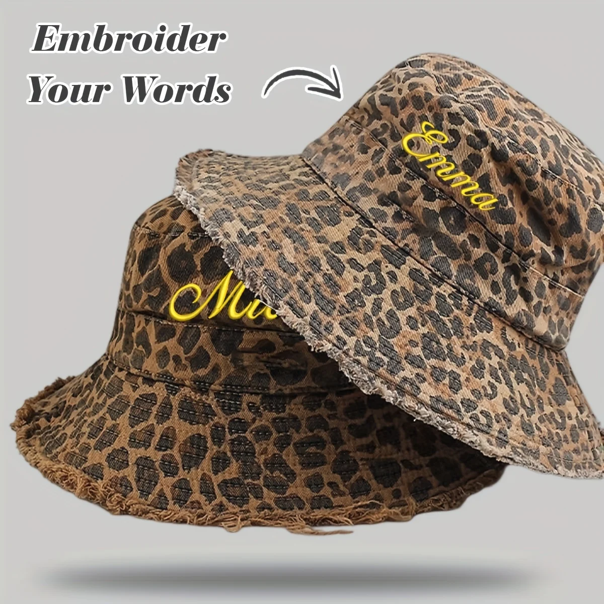 Custom Embroidered Name Fisherman Hat Leopard Print Soft Fabric Men Women Hat with Wind Rope Customizable Text Gifts Sun Hat