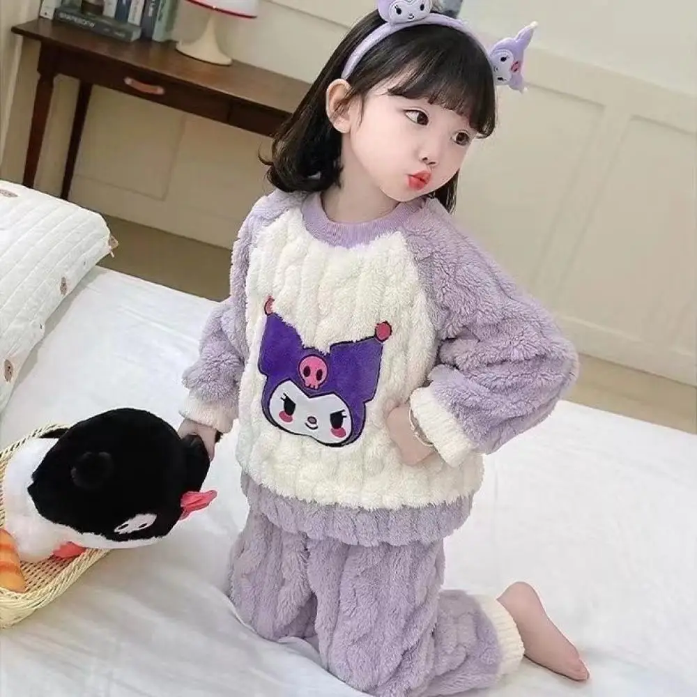 Sanrio Kuromi Girls Flannel Pajamas Child Cute Lounge Clothes Autumn Winter Cartoon Kawaii Homewear Suit Children's Clothing