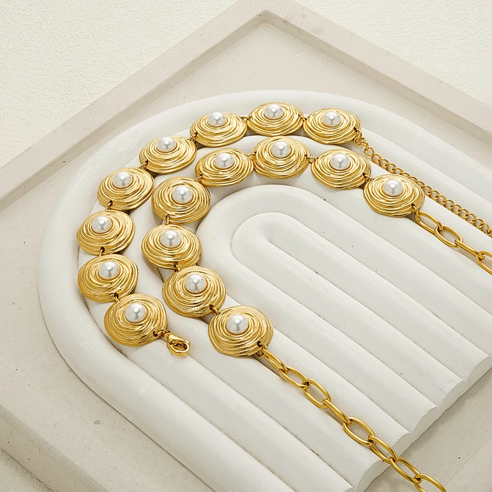 

ENFASHION Para Mujer Retro Disc Pearl Necklace For Women's Stainless steel 18K Plated Gold Bracelet Fashion Jewelry P253644