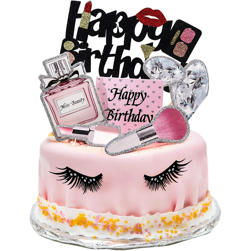 22-teiliges Make-up-Kuchenaufsatz-Set – Lippenstift, Parfüm, Wimpern, Diamantpinsel-Dekor für Frauen, Mädchen, Geburtstag, Brautparty, Spa-Party – Detail 1
