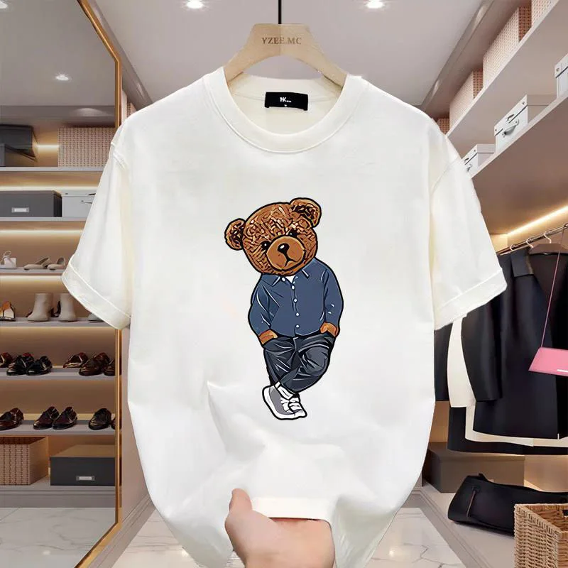 New Summer Fashion Bear Printed Men T-Shirts Beach Breathable Funny Clothing Oversize Casual Cotton Tops Mans Short Sleeve