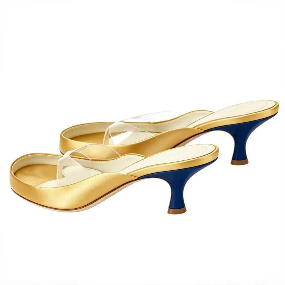 Women Gold Satin Thong Mules Clear PVC Strap Square Toe Kitten Heel Sandals Two Tone Blue Heel Slip On Summer Party Slides view 5