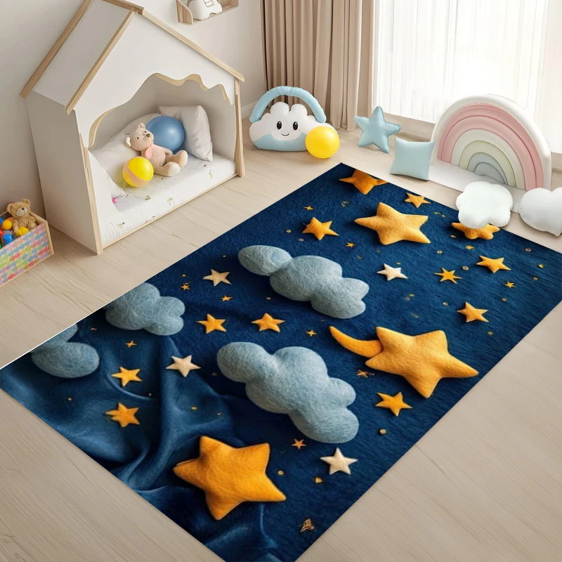 3D Starry Sky Clouds Area Rug Kids Play Mat Non-Slip Educational Carpet for Nursery Playroom Toddler Bedroom Babyroom Home Decor