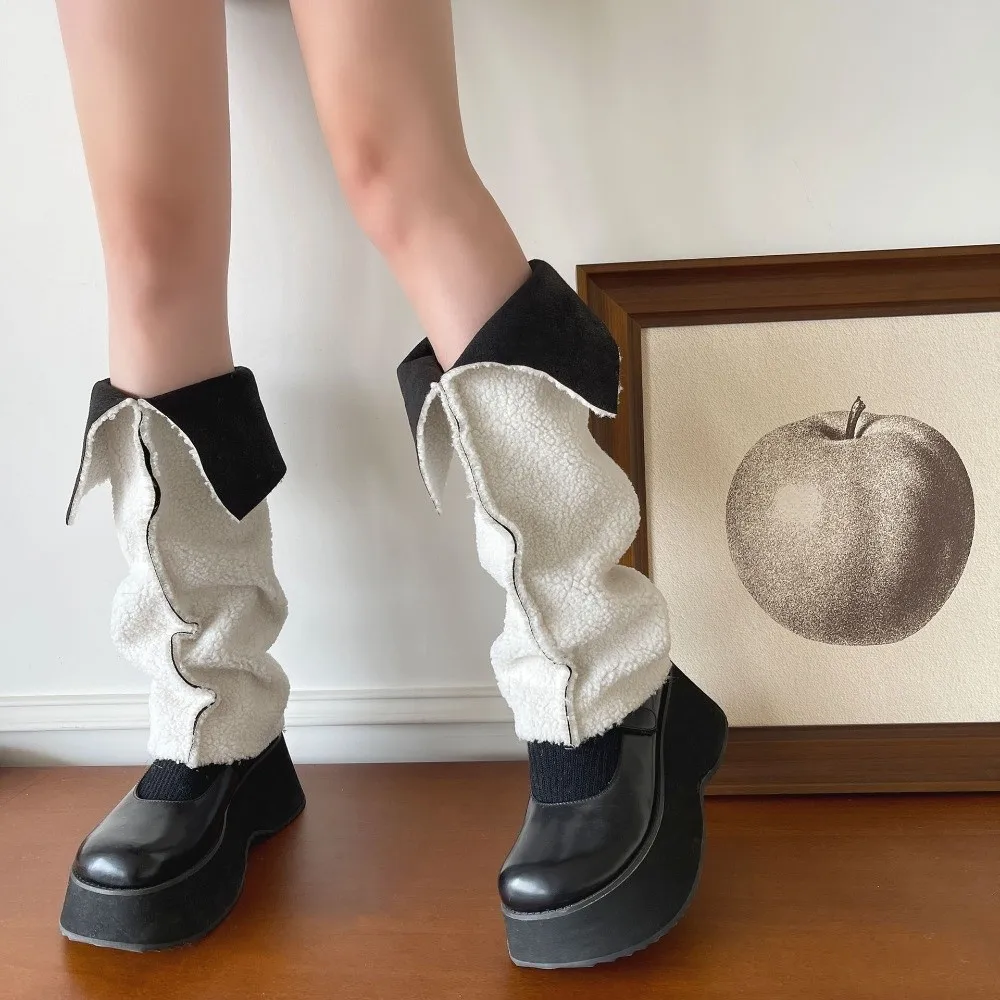 Y2K Thickened Suede Leg Warmers Turn-down Collar Design Wind Protection Foot Cover Mid-calf Warm Boots Cover Women
