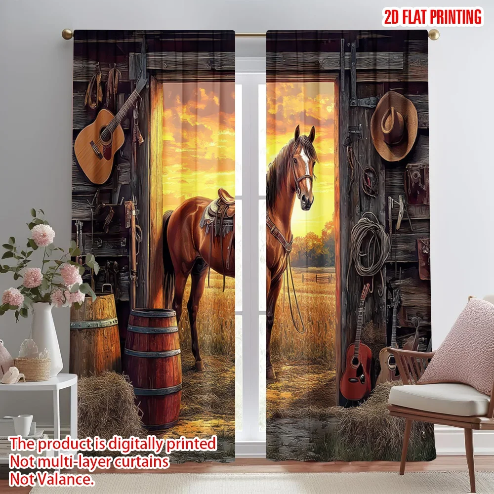 

2D flat printing 2pcs Party Curtain Horse in Sunset Barn Digital Printed Polyester Drapes Holiday Decorations for Oversized
