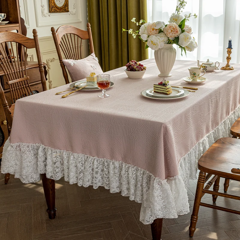 

Pink Tablecloth Fabric Home Diningroom Tablecloth Exquisite Solid Color White Lace Pleated Rectangular Coffeetable Cover Cloth