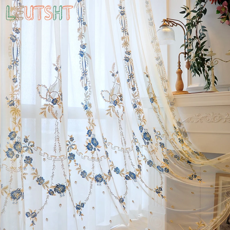 

French Romantic Curtains Villa Bedroom Living Room Blue Embroidered Light Luxury Wedding Decoration Curtain