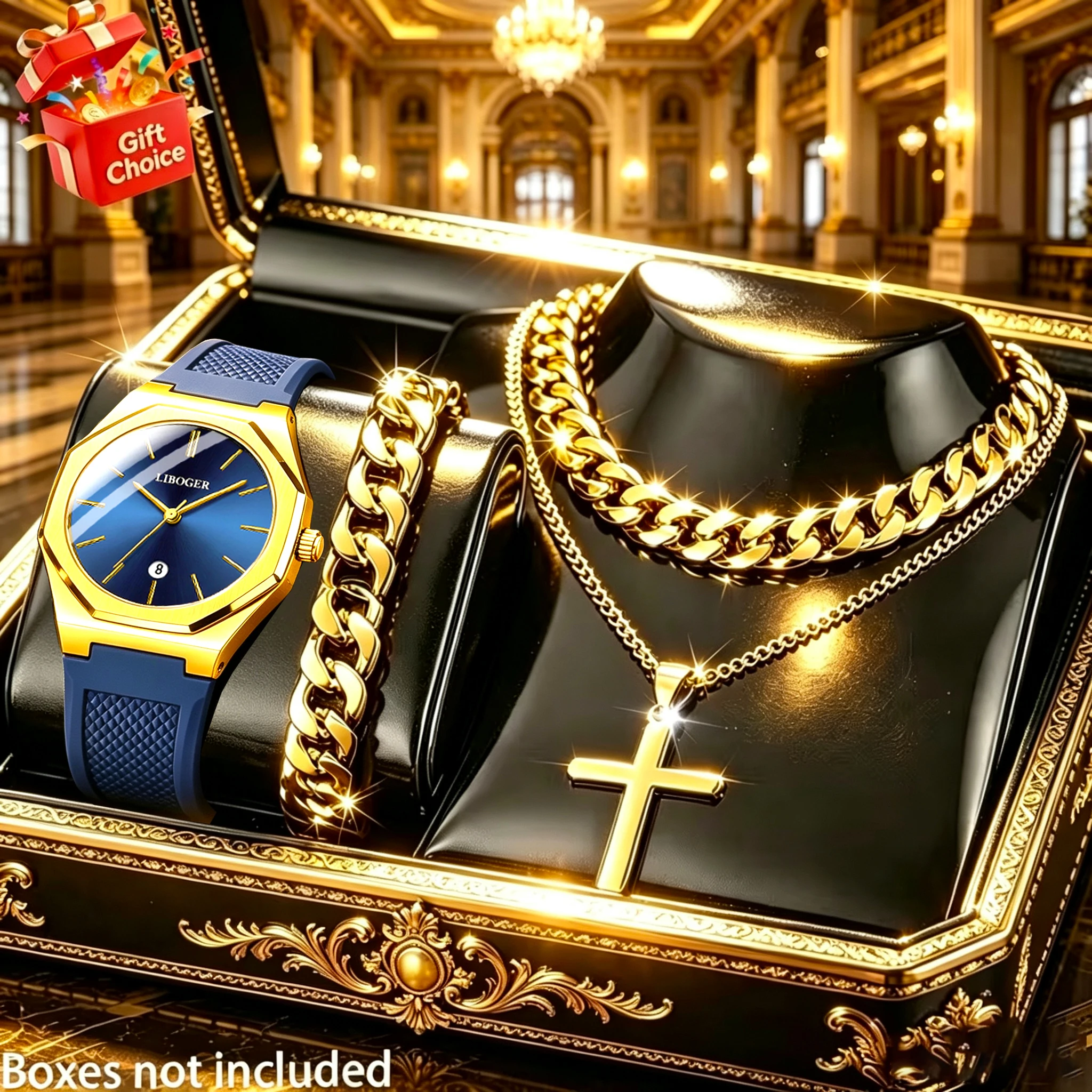 4-Piece Men's Business Sports Fashion Set, Men's Watch and Bracelet Necklace Set, Suitable for Daily Multifunctional Formal Wear, Birthday/Holiday Gift, Ideal Gift for Back-To-School/Valentine's Day/Christmas/Father's Day