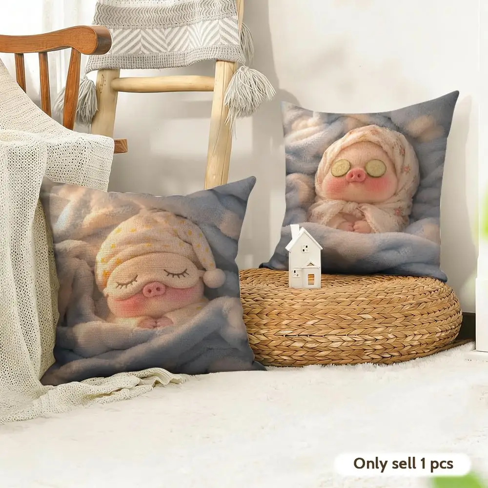 Cute Funny Pig Friends Gift Cushion Cover Natural Linen Organic Fabric Double-Sided Printing Room Sofa Decor Pillow Case