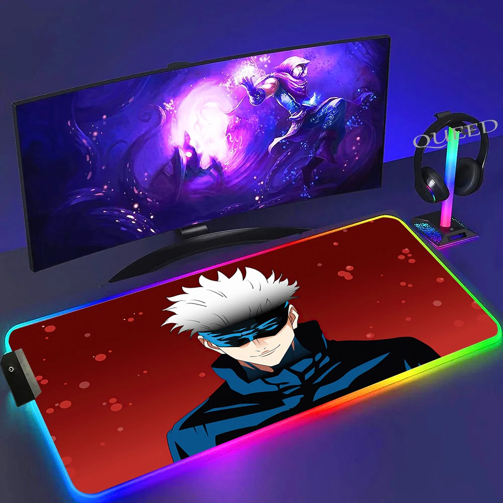 RGB Gaming Luminous Mouse Pad Jujutsu Kaisen Gojo Satoru Mousepad Big LED PC Desk Mat Large Keyboard Mats Table Rug With Backlit