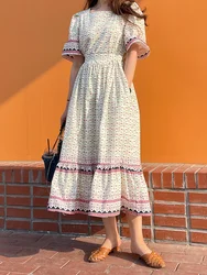 Vintage Boho Dress Summer Women Puff Sleeve Sqaure Neck Printed Beach Dress with Pocket Elegant Ladies Casual Vestidos Largos
