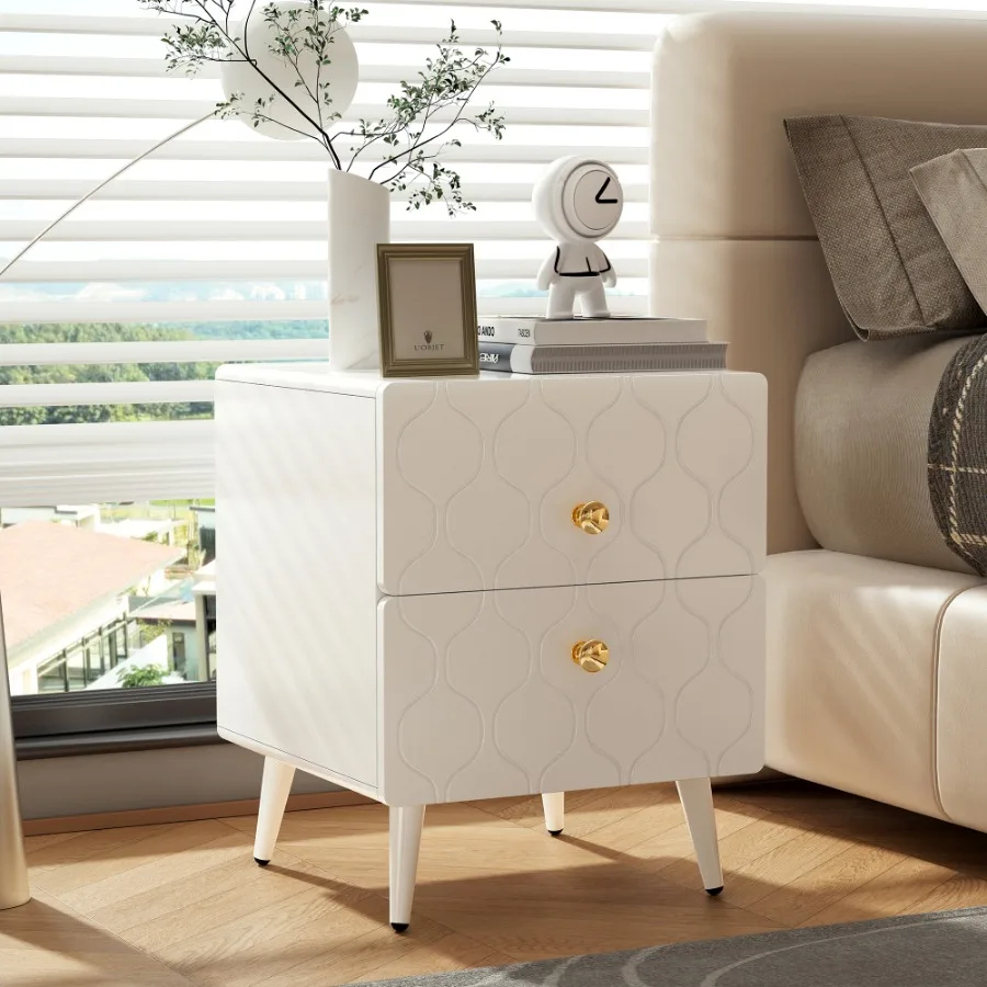 Nachttisch, Vergoldete Griffe, Wellenmuster, 2er-Set, mit 2 Schubladed, lackiert, Ecken mit stoßfestem Design,