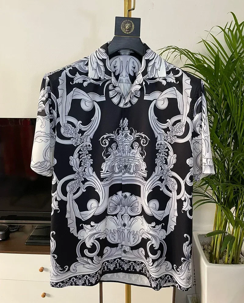 

Luxury Royal Shirt Men Casual Slim Fit short Sleeve Court Printed Men Social Shirt Camisa Masculina Manga Longa Prom Party Shirt