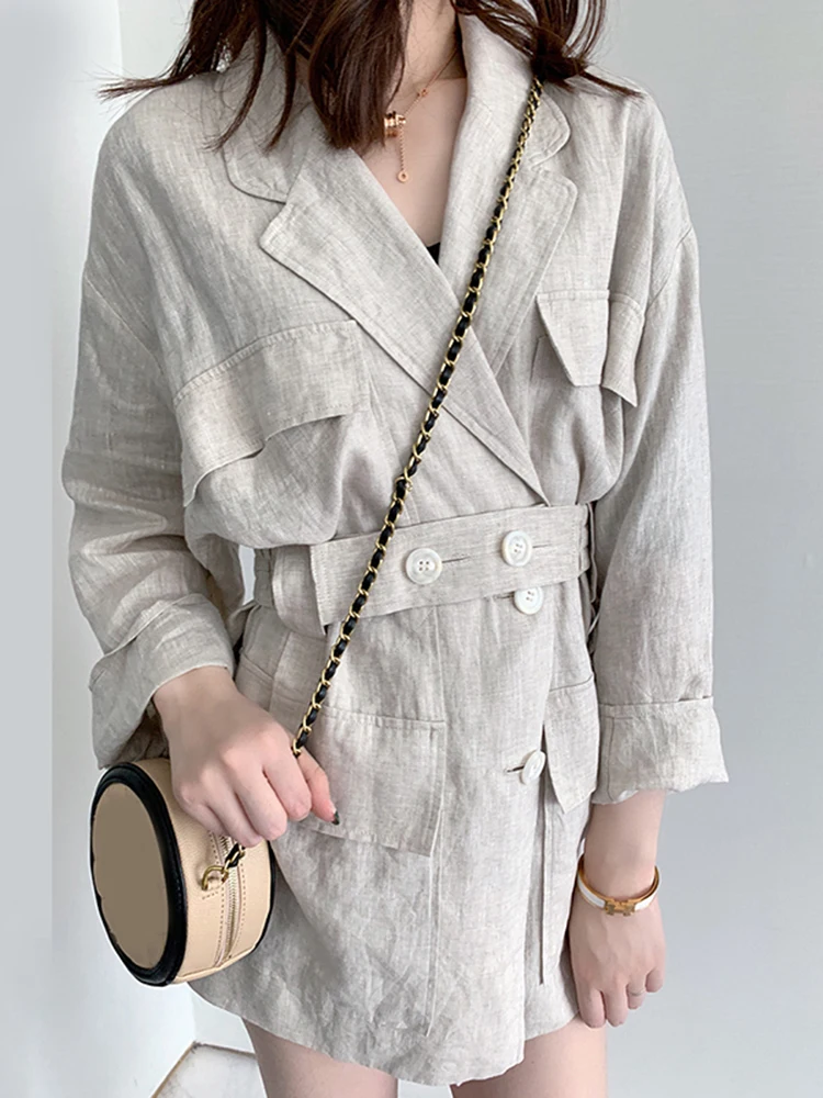 [EAM] Loose Fit Linen Button Split Joint Big Size Jacket New Lapel Long Sleeve Women Coat Fashion Tide Spring 2025 1X5010