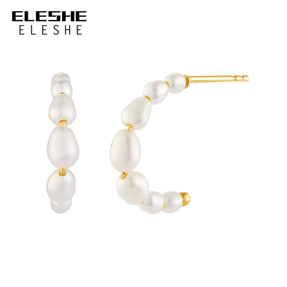 ELESHE Creative Simple 925 Sterling Silver Freshwater Pearls Hook Earrings 18K Gold Plated Hoop Earrings Women Elegant Jewelry