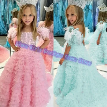 Kwaliteit luxe roze bloemenmeisjesjurk tule pluizig geavanceerde gelaagdheid zilveren applicaties trouwjurk bal kinderverjaardagsjurken