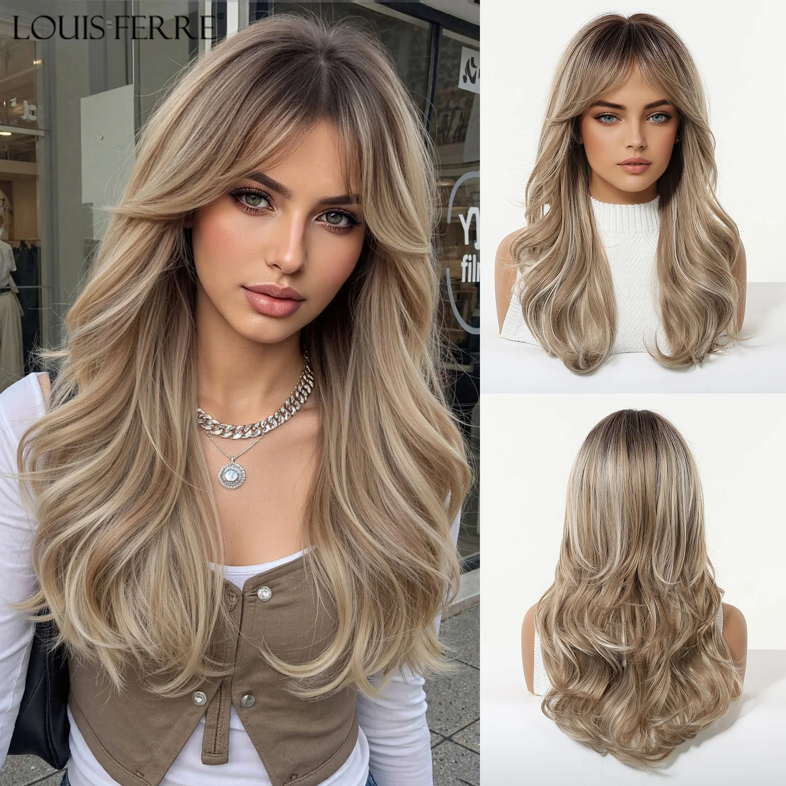 

LOUIS FERRE Коричневый Ombre Темные Корни Натуральные Парики Длинные Волнистые Синтетические Парики С Челкой Для Женщин Партии Лолита Использование Термостойкие